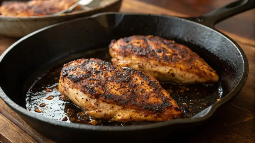 Chicken breasts cooking in a skillet with blackened Cajun seasoning
