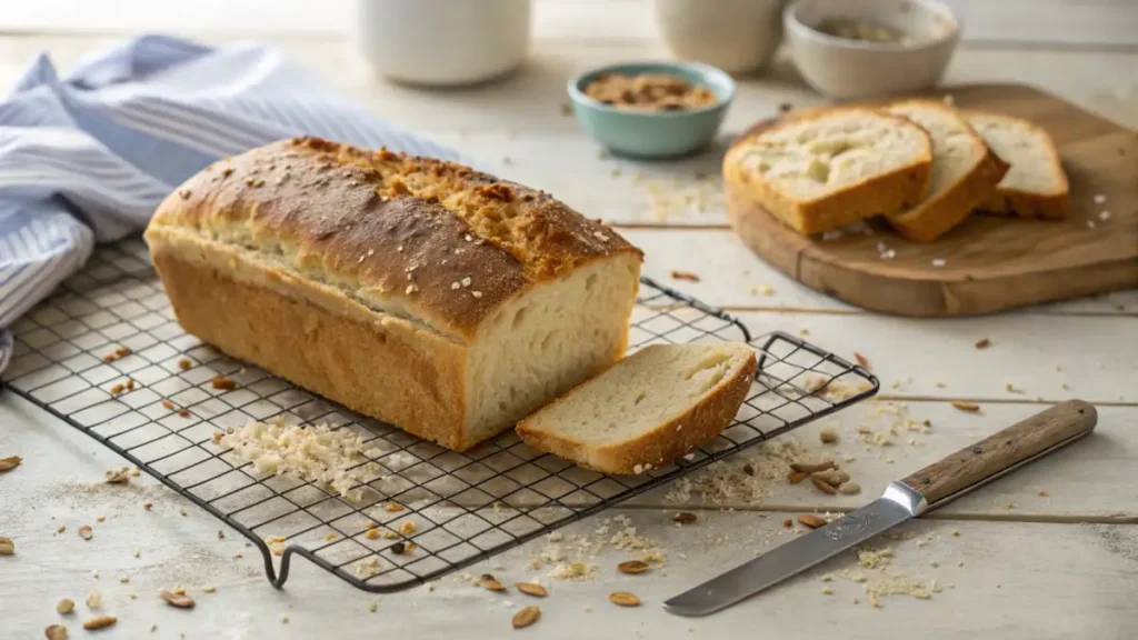 Freshly baked gluten free sourdough bread cooling on a rustic wooden countertop