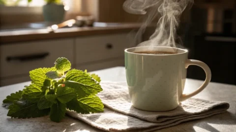 Hot lemon balm tea in a mug with fresh lemon balm leaves