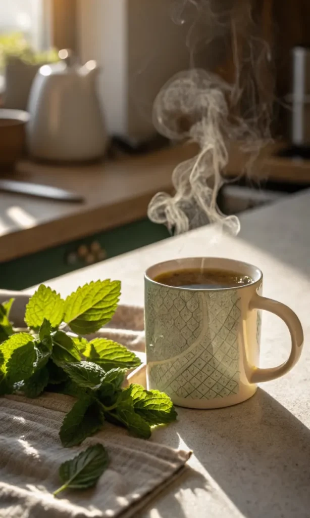 Hot lemon balm tea in a mug with fresh lemon balm leaves