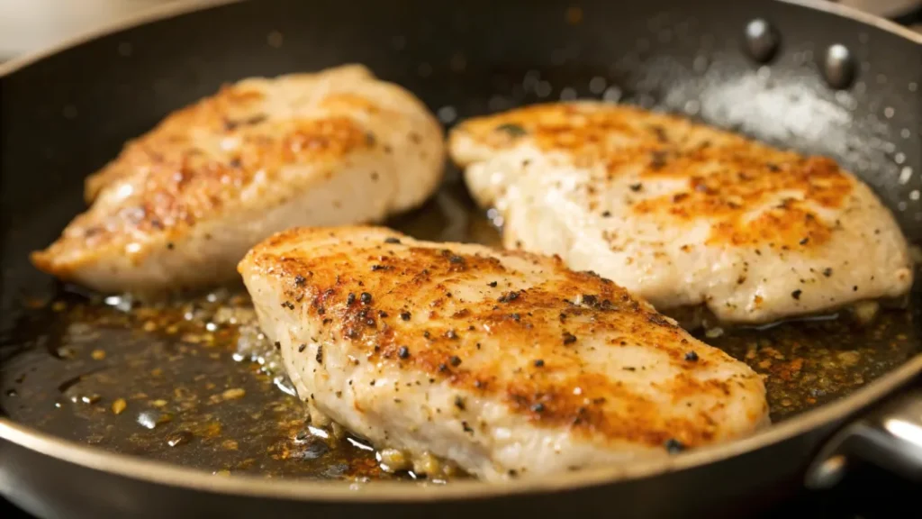 Searing seasoned chicken breasts in a skillet for marry me chicken pasta
