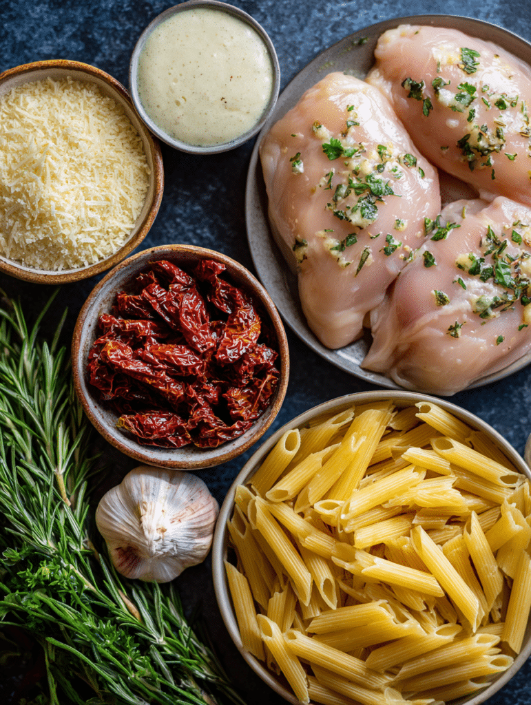 Ingredients for Marry Me Chicken Pasta on kitchen counter