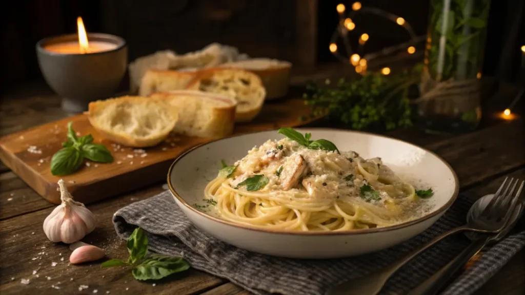 Creamy marry me chicken pasta served with basil and Parmesan in a cozy dinner setting