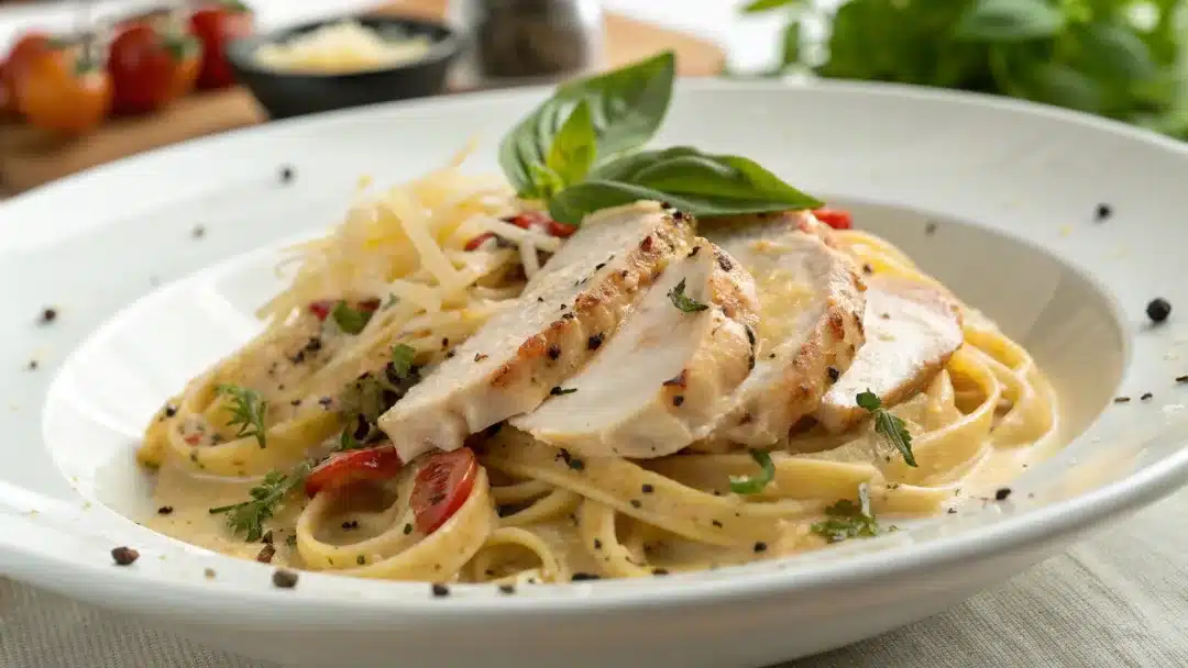 Marry me chicken pasta plated with creamy sauce, sliced chicken, and fresh basil