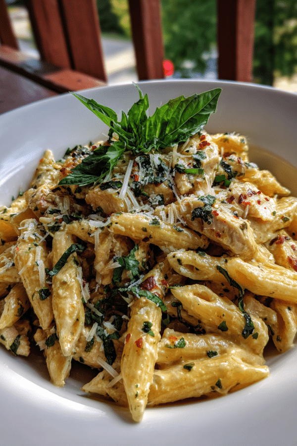 daily recipes Marry Me Chicken Pasta Recipe served in a ceramic bowl with basil