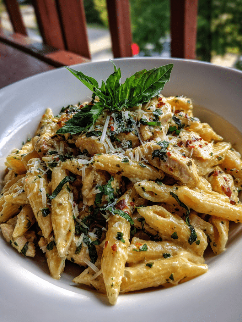 Marry Me Chicken Pasta Recipe served in a ceramic bowl with basil
