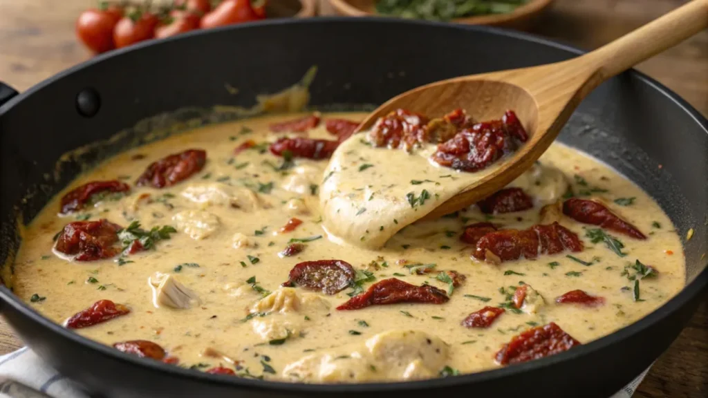 Creamy tomato garlic sauce with Parmesan cooking for marry me chicken pasta