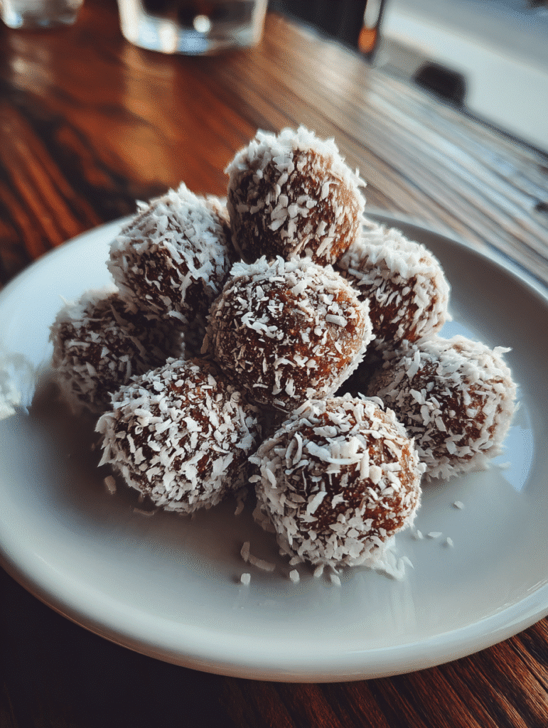 Moose farts recipe dessert bites stacked on a plate with coconut coating