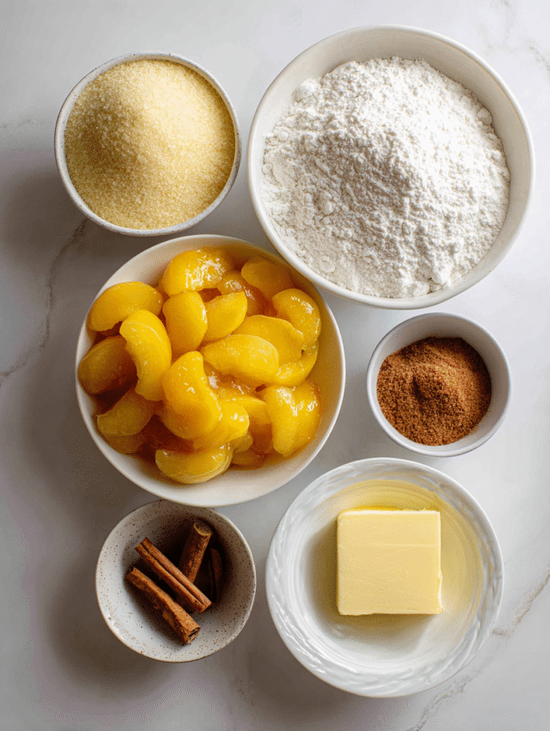 Peach cobbler recipe with cake mix ingredients on marble