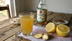 A glass of homemade Brazilian Mounjaro drink with lemon, apple cider vinegar, and ginger on a wooden table.