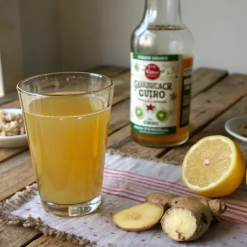 A glass of homemade Brazilian Mounjaro drink with lemon, apple cider vinegar, and ginger on a wooden table.