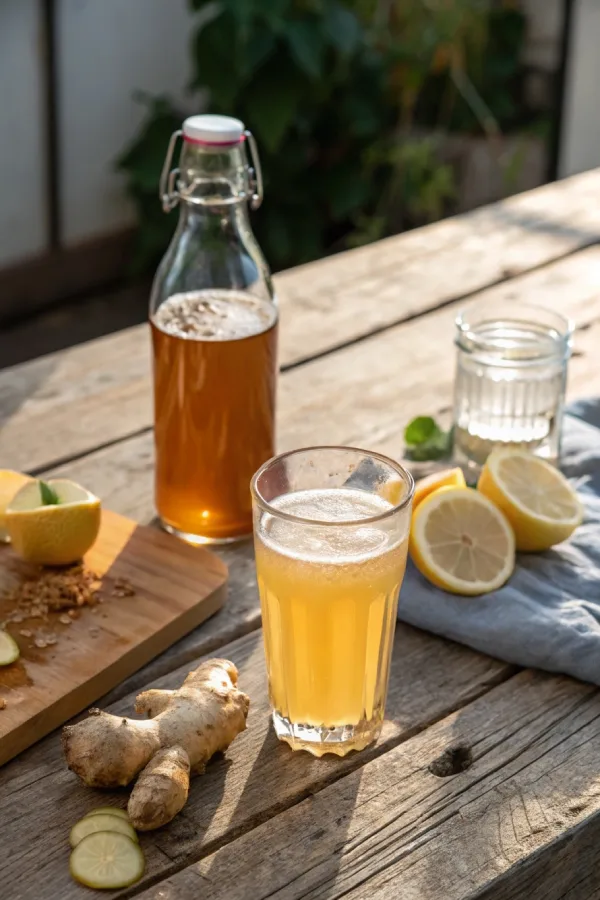 A glass of homemade Brazilian Mounjaro drink with lemon, apple cider vinegar, and ginger on a wooden table.