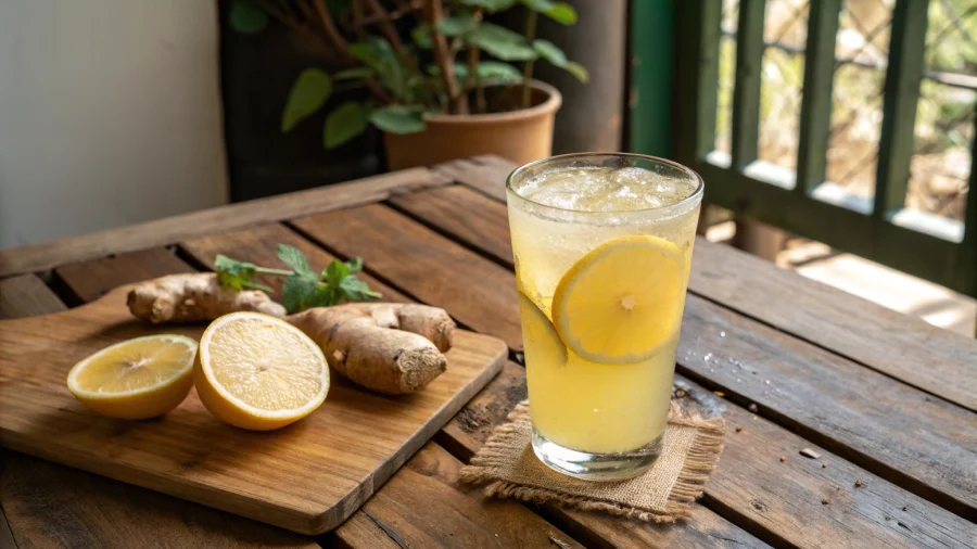 A glass of homemade Brazilian Mounjaro drink with lemon, apple cider vinegar, and ginger on a wooden table.