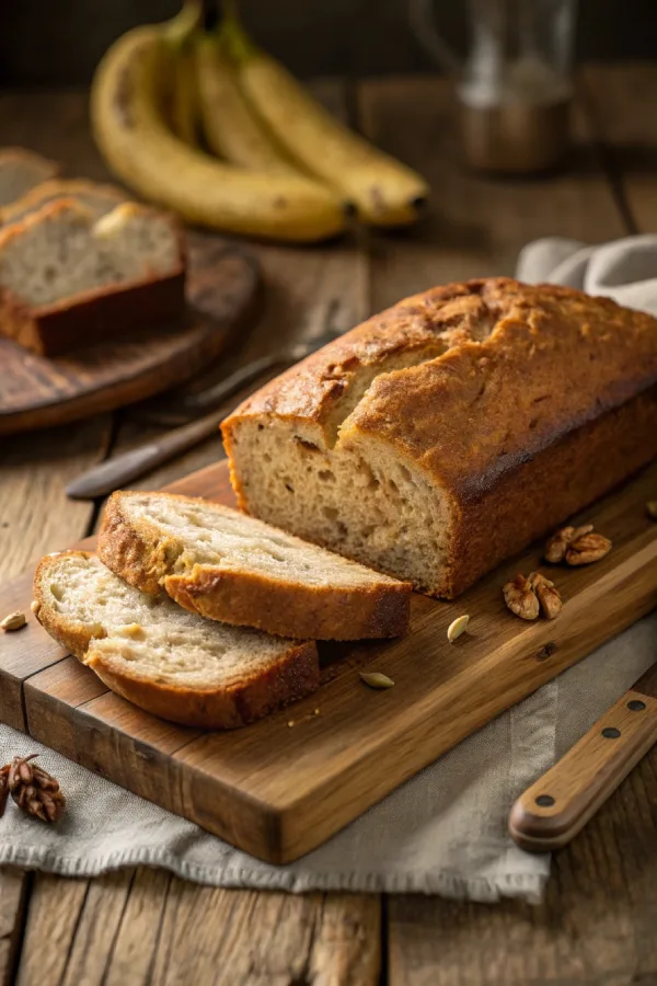 Freshly sliced 4 ingredient banana bread loaf on wooden board