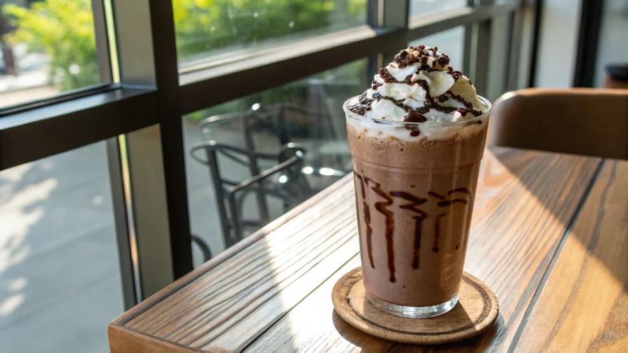Homemade Double Chocolate Chip Frappuccino topped with whipped cream and chocolate drizzle on a café table.