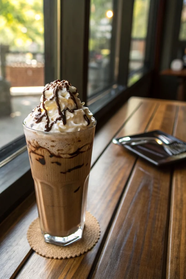 Homemade Double Chocolate Chip Frappuccino topped with whipped cream and chocolate drizzle on a café table.