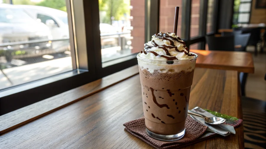 Homemade Double Chocolate Chip Frappuccino topped with whipped cream and chocolate drizzle on a café table.