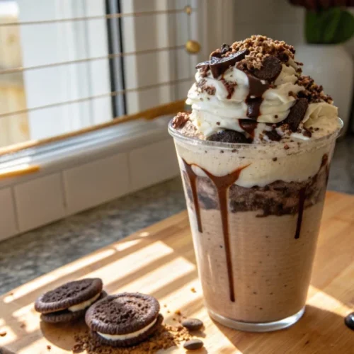 Homemade Mocha Cookie Crumble Frappuccino topped with whipped cream, mocha drizzle, and crushed cookies