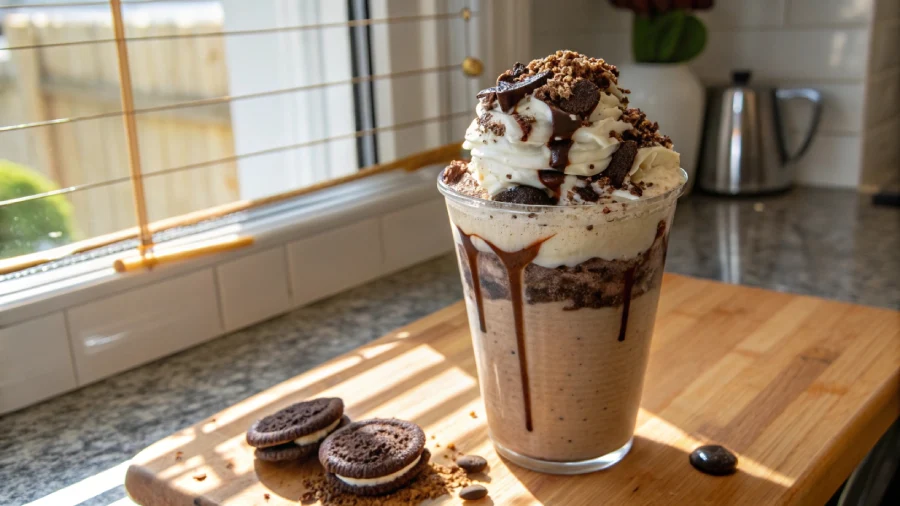 Homemade Mocha Cookie Crumble Frappuccino topped with whipped cream, mocha drizzle, and crushed cookies