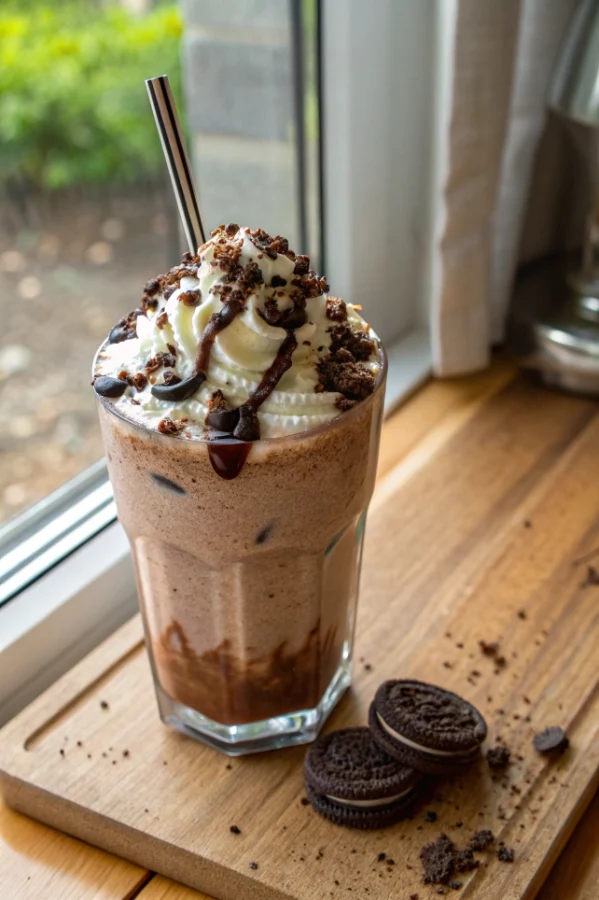 Homemade Mocha Cookie Crumble Frappuccino topped with whipped cream, mocha drizzle, and crushed cookies
