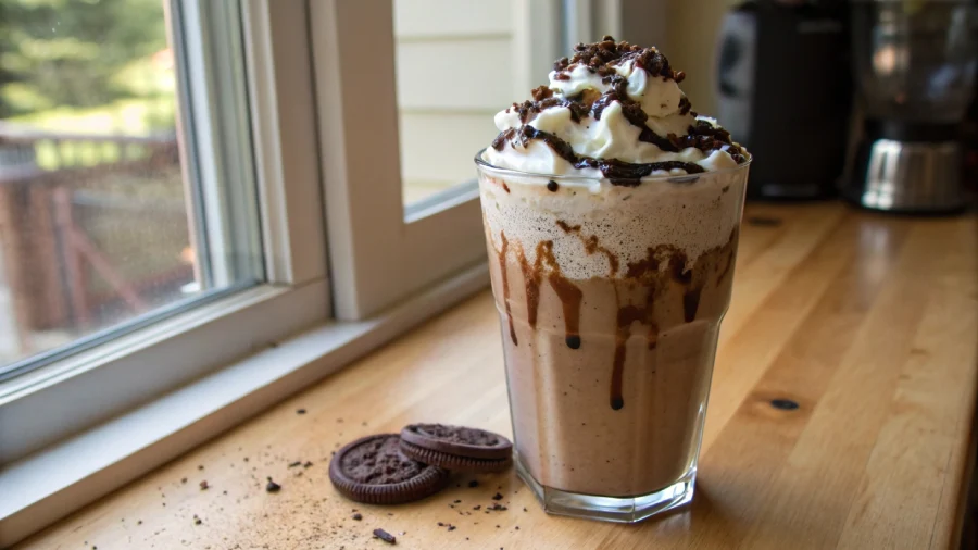 Homemade Mocha Cookie Crumble Frappuccino topped with whipped cream, mocha drizzle, and crushed cookies