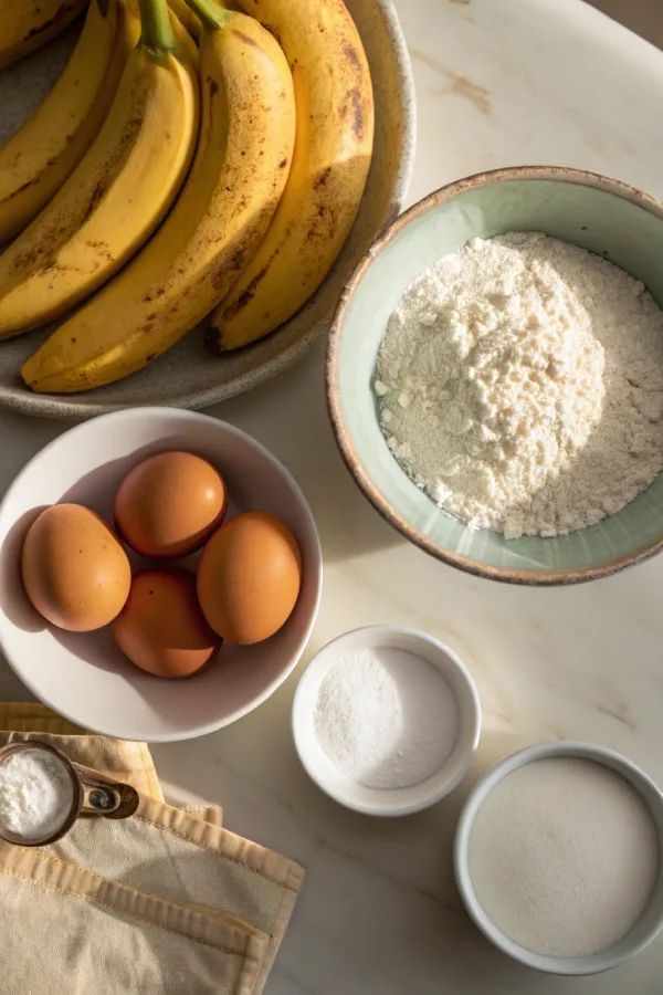 Four main ingredients for banana bread: bananas, eggs, sugar, and flour