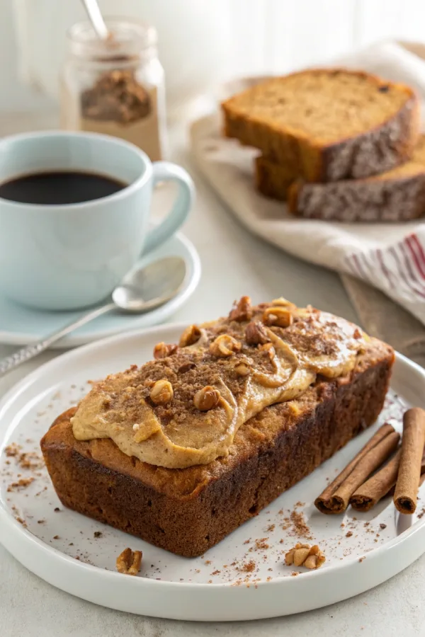 Slice of banana bread topped with peanut butter and cinnamon