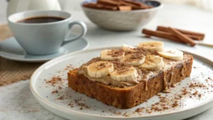 Slice of banana bread topped with peanut butter and cinnamon