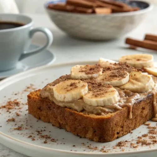Slice of banana bread topped with peanut butter and cinnamon