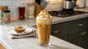 Homemade caramel frappuccino topped with whipped cream and caramel drizzle on a kitchen counter.