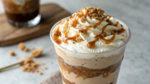 Homemade caramel ribbon crunch frappuccino with whipped cream, caramel drizzle, and crunchy caramel topping on a kitchen counter.