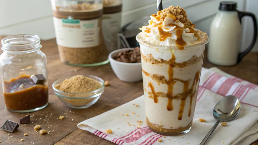 Homemade caramel ribbon crunch frappuccino with whipped cream, caramel drizzle, and crunchy caramel topping on a kitchen counter.