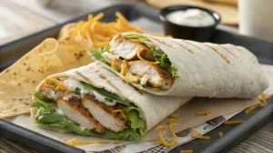 Close-up of Wendy’s grilled chicken wrap sliced in half showing grilled chicken, lettuce, cheese, and ranch inside a tortilla.