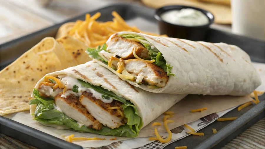 Close-up of Wendy’s grilled chicken wrap sliced in half showing grilled chicken, lettuce, cheese, and ranch inside a tortilla.