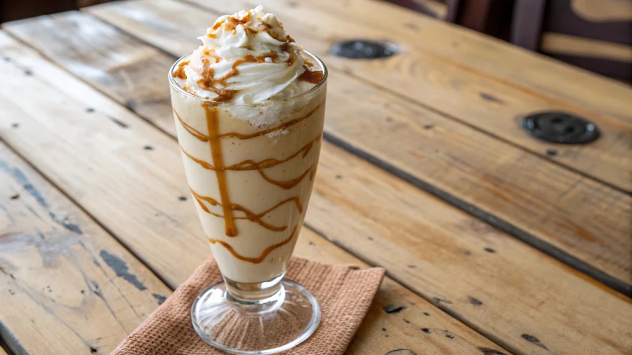 Homemade frappuccino topped with whipped cream and syrup on a rustic kitchen table.