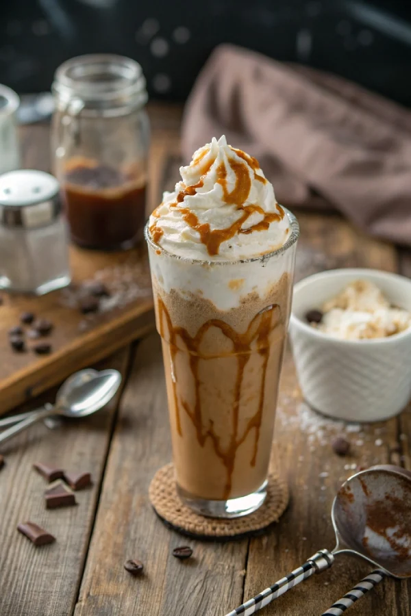 Homemade frappuccino topped with whipped cream and syrup on a rustic kitchen table.