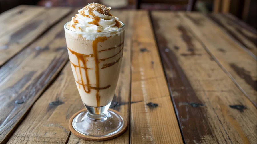 Homemade frappuccino topped with whipped cream and syrup on a rustic kitchen table.