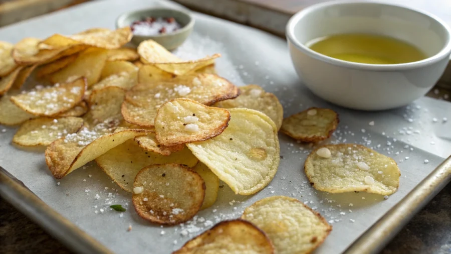 Freshly baked homemade gluten free potato chips with sea salt on a tray.
