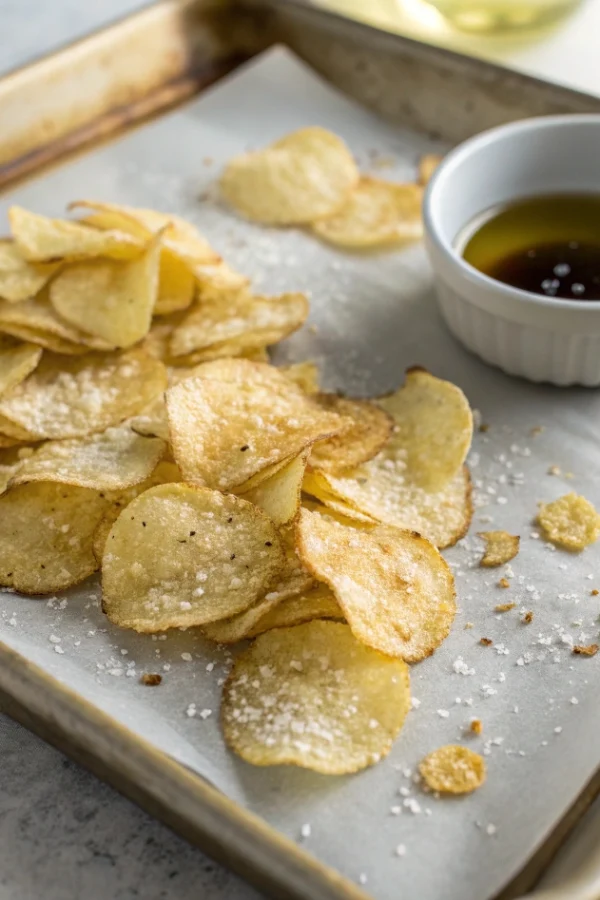 Freshly baked homemade gluten free chips with sea salt on a tray.