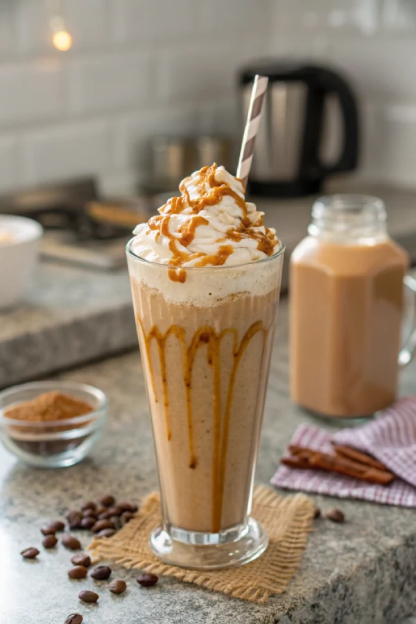 Homemade caramel frappuccino topped with whipped cream and caramel drizzle on a kitchen counter.