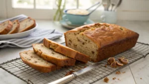 Freshly baked Ina Garten banana bread loaf with slices revealing its moist texture.