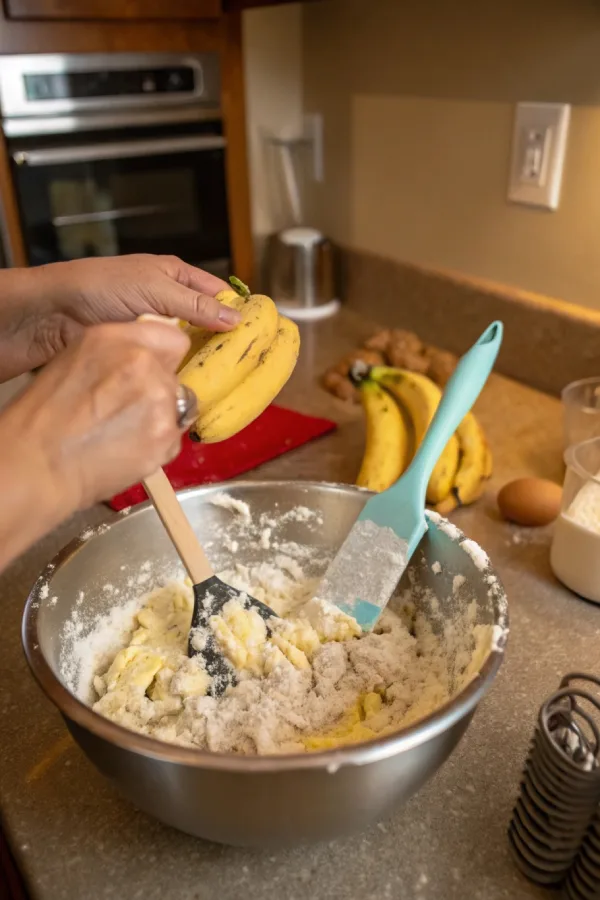 Mixing banana bread batter in a bowl with spatula