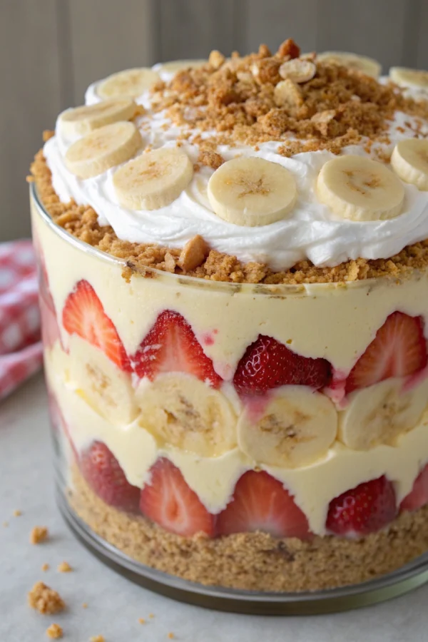 Layered strawberry banana pudding in a clear trifle bowl with whipped cream and mint garnish.