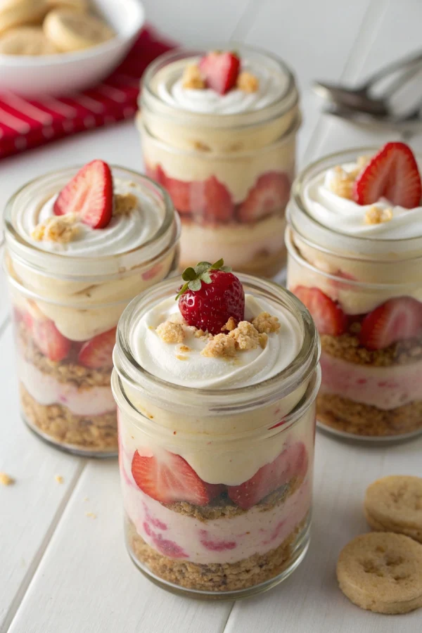 Mason jars of no-bake strawberry banana pudding topped with whipped cream and sliced strawberries.