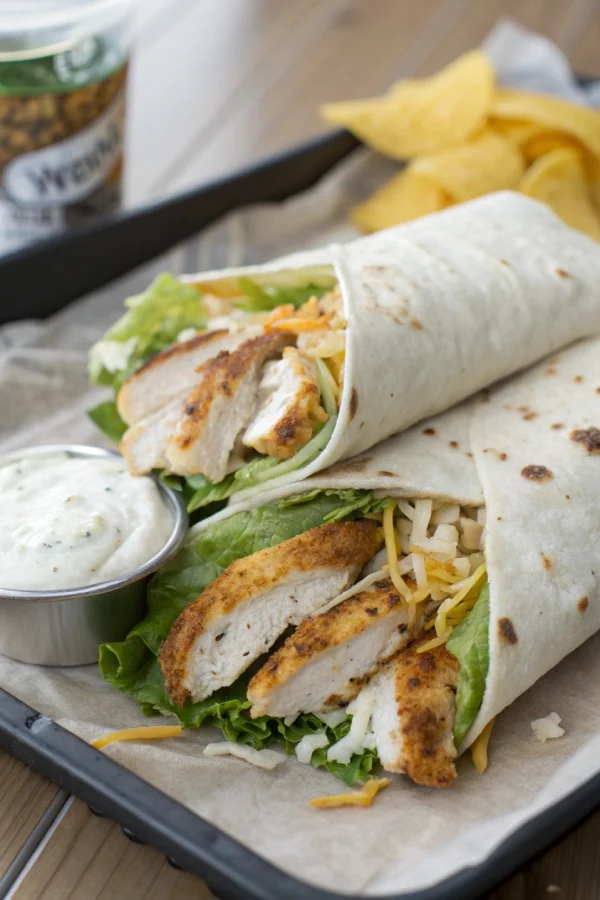 Close-up of Wendy’s grilled chicken wrap sliced in half showing grilled chicken, lettuce, cheese, and ranch inside a tortilla.