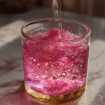 Pink salt trick sparkling drink being poured into a glass with shimmering pink crystals and golden base on a marble surface.