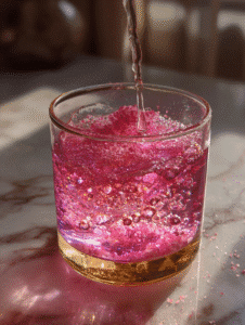 Pink salt trick sparkling drink being poured into a glass with shimmering pink crystals and golden base on a marble surface.