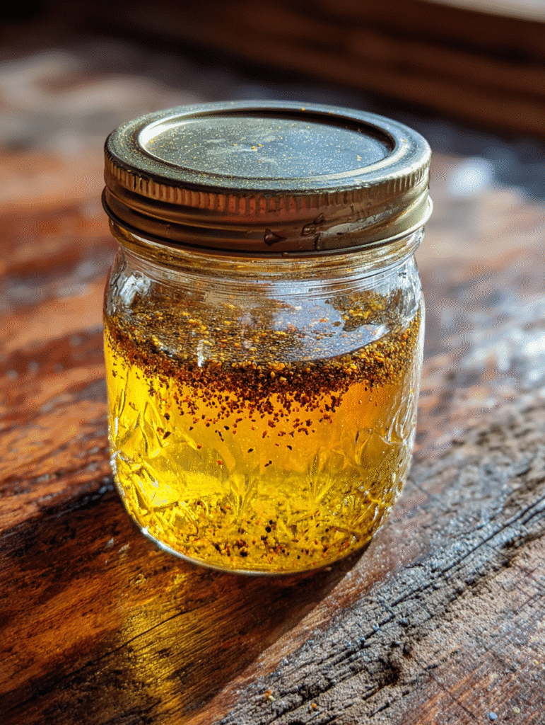Canaan honey trick glass jar with golden texture and black seed powder on rustic wooden table