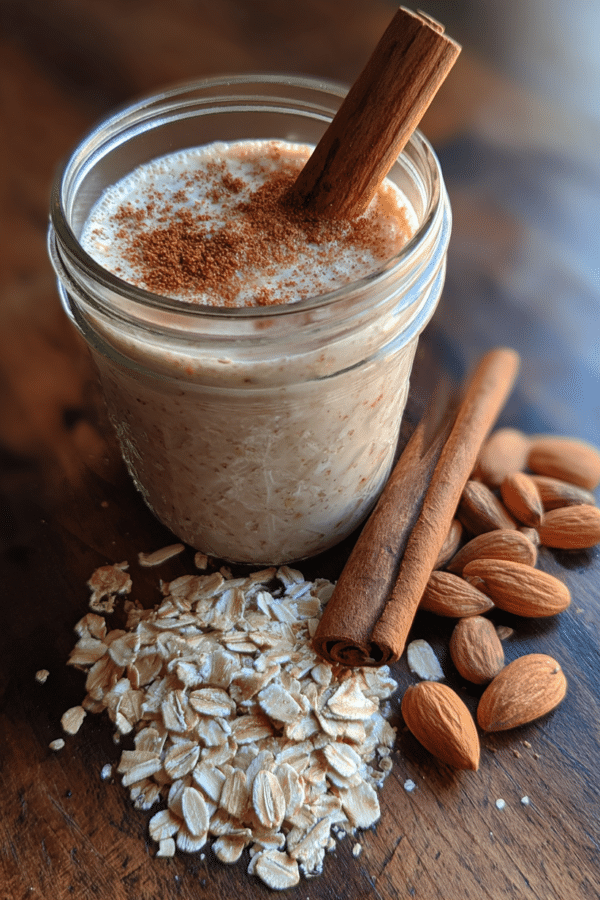 Oat trick for weight loss shown as 100 calorie overnight oats in mason jar on rustic table