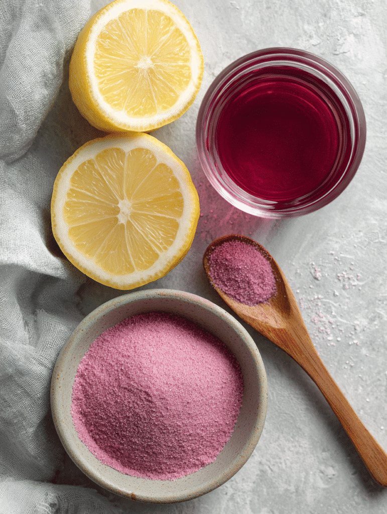 pink gelatin recipe Pink gelatin recipe ingredients flat lay — gelatin powder, raspberry juice, lemon, and honey